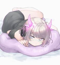 Rule 34 | 1girl, absurdres, aqua eyes, bob cut, detached horns, gradient horns, head on pillow, headphones, highres, holographic horns, horns, indie virtual youtuber, looking at viewer, motherv3, multicolored horns, pink horns, purple eyes, rot illust, smirk, solo, two-tone eyes, virtual youtuber, white hair