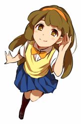 Rule 34 | 1girl, blue skirt, blush, bow, bowtie, brown footwear, brown socks, closed mouth, commentary request, empty eyes, full body, hairband, hand on own ear, highres, inazuma eleven go chrono stone, kneehighs, long hair, looking at viewer, nanobana kinako, orange hairband, pleated skirt, sekina, shirt, shoes, short sleeves, simple background, sketch, skirt, smile, socks, solo, white background, white shirt, yellow bow, yellow bowtie, yellow shirt
