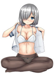 Rule 34 | 10s, 1girl, :&lt;, bad id, bad pixiv id, blue bow, blue eyes, blush, bow, bow bra, bow panties, bra, breasts, brown pantyhose, cleavage, closed mouth, collarbone, frown, full body, hair ornament, hair over one eye, hairclip, hamakaze (kancolle), head tilt, highres, indian style, kantai collection, large breasts, looking at viewer, open clothes, open shirt, panties, panties under pantyhose, pantyhose, shirt, short hair, short sleeves, silver hair, simple background, sitting, sleeve cuffs, solo, spread legs, tareme, terakoya, underwear, white background, white bra, white panties, white shirt