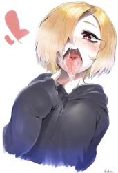 Rule 34 | 1girl, absurdres, anchors (mono eye os), blonde hair, blush, drooling, female focus, hair over one eye, heart, highres, idolmaster, idolmaster cinderella girls, open mouth, oral invitation, pale skin, saliva, shirasaka koume, signature, sleeves past wrists, solo, tongue, tongue out, uvula