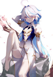 Rule 34 | 1girl, :p, ahoge, aoi (buzhuen444), arm up, blue eyes, blue hair, breasts, cherry blossoms, colored inner hair, drop-shaped pupils, feet, furina (genshin impact), genshin impact, hair between eyes, highres, light blue hair, long hair, long sleeves, looking at viewer, multicolored hair, pantyhose, petals, sitting, small breasts, solo, streaked hair, symbol-shaped pupils, tongue, tongue out, two-tone hair, white hair, white pantyhose