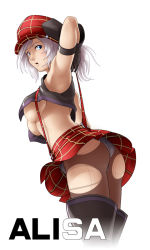 Rule 34 | 10s, 1girl, adjusting hair, alisa ilinichina amiella, armlet, ass, black gloves, blue eyes, boots, breasts, cabbie hat, character name, gloves, god eater, god eater burst, hat, midriff, panties, panties under pantyhose, pantyhose, pantyshot, parted lips, plaid, plaid skirt, shadow, silver hair, simple background, skirt, solo, suspender skirt, suspenders, thigh boots, thighhighs, thor (deep rising), torn clothes, torn legwear, underboob, underwear, upskirt, white background, white panties