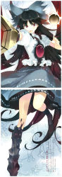 Rule 34 | 1girl, arm cannon, asymmetrical legwear, black hair, black socks, black sun, black wings, blush, cape, crease, full body, hair ornament, hair ribbon, highres, kneehighs, long hair, looking at viewer, non-web source, open mouth, outstretched arm, pointing, pointing up, puffy sleeves, red eyes, reiuji utsuho, ribbon, scan, scan artifacts, shirt, short sleeves, skirt, smile, socks, solo, sun, text focus, third eye, touhou, ueda ryou, uneven legwear, weapon, wings