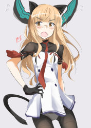 Rule 34 | 1girl, animal ears, bad id, bad pixiv id, black gloves, black pantyhose, blonde hair, blunt bangs, cat ears, cat tail, commentary, cosplay, dress, flying sweatdrops, frown, glasses, gloves, grey background, hand on own hip, headgear, kantai collection, long hair, looking at viewer, microdress, murakumo (kancolle), murakumo (kancolle) (cosplay), necktie, open mouth, panties, panties under pantyhose, pantyhose, perrine h. clostermann, red necktie, sailor dress, shino (ten-m), short sleeves, solo, strike witches, tail, thighband pantyhose, underwear, world witches series, yellow eyes