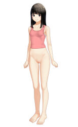 Rule 34 | 1girl, barefoot, black eyes, black hair, bottomless, breasts, cleft of venus, closed mouth, full body, highres, long hair, looking at viewer, maburu (lojyq1eur3e8bit), original, pink tank top, pussy, simple background, small breasts, smile, solo, standing, straight hair, tank top, white background