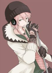 Rule 34 | 1boy, 66 (roro), beanie, coat, gloves, hat, headphones, highres, kumapopo, male focus, microphone, necktie, pink hair, solo, vocaloid, vy2, yellow eyes