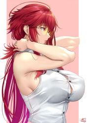 Rule 34 | 1girl, adjusting hair, armpits, bare shoulders, breasts, character request, copyright request, earrings, from side, glasses, jewelry, large breasts, long hair, okitakung, parted lips, profile, red eyes, red hair, shirt, sideboob, sleeveless, sleeveless shirt, solo, sunglasses, tinted eyewear, upper body, very long hair, yellow-tinted eyewear, yellow-tinted glasses