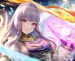 Rule 34 | 1girl, commentary, dress, english commentary, fire, fire emblem, fire emblem: three houses, fire emblem warriors: three hopes, gold trim, grin, leonmandala, long hair, looking at viewer, lysithea von ordelia, magic, magic circle, nintendo, pink eyes, purple dress, smile, snowflakes, solo, two-tone dress, white dress, white hair