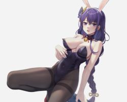 Rule 34 | 1girl, animal ears, areola slip, bare arms, bare shoulders, bell, braid, breasts, cleavage, covered navel, detached collar, dutch angle, fake animal ears, genshin impact, hair ornament, hairband, high heels, highres, jingle bell, leotard, long hair, looking at viewer, low-braided long hair, low-tied long hair, mole, mole under eye, nail polish, neck bell, nipple slip, nipples, pantyhose, playboy bunny, purple eyes, purple hair, purple leotard, purple nails, rabbit ears, raiden shogun, red footwear, simple background, single braid, skindentation, solo, squatting, strapless, strapless leotard, thighband pantyhose, very long hair, white background, yizhirenben