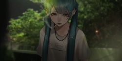 Rule 34 | 1girl, absurdres, blue eyes, blue hair, cigarette, ear piercing, hatsune miku, highres, huge filesize, jewelry, looking at viewer, mano aaa, necklace, piercing, shirt, smoking, solo, t-shirt, twintails, vocaloid