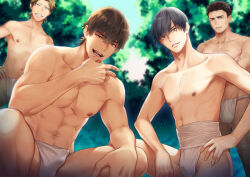 Rule 34 | 4boys, abs, backlighting, black hair, blonde hair, blurry, brown hair, bulge, collarbone, crossed arms, day, depth of field, fundoshi, grin, hair between eyes, hand on own hip, hand on own knee, hand to own mouth, hand up, japanese clothes, looking at viewer, male focus, male underwear, mullet, multiple boys, muscular, muscular male, nature, navel, nipples, official art, original, outdoors, shidatsu takayuki, smile, smirk, spread legs, squatting, standing, tongue, tongue out, underwear, underwear only, you gonna get raped