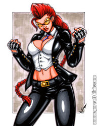 Rule 34 | 1girl, braid, breasts, capcom, cleavage, crimson viper, garret blair, gb2k, large breasts, lips, lipstick, long hair, makeup, marker (medium), midriff, navel, necktie, open clothes, open shirt, pompadour, red hair, shirt, single braid, solo, street fighter, street fighter iv (series), sunglasses, traditional media