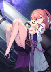 Rule 34 | 1girl, absurdres, animal, asta (honkai: star rail), bld zi, blue eyes, braid, bright pupils, coat, commentary request, dog, floating, high heels, highres, holding, holding animal, honkai: star rail, honkai (series), korean commentary, legs, looking at viewer, peppy (honkai: star rail), pink hair, pleated skirt, see-through, shirt, shooting star, side ponytail, single braid, skirt, sleeveless, sleeveless shirt, smile, space, telescope, white pupils