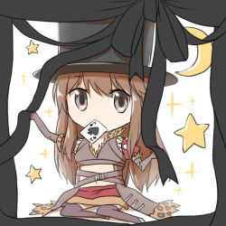 Rule 34 | 1girl, ace (playing card), ace of spades, black hat, breasts, brown coat, brown eyes, brown gloves, brown hair, brown thighhighs, card, card in mouth, chibi, coat, commentary request, crescent, cross-laced clothes, cross-laced top, curtains, elbow gloves, full body, fur-trimmed coat, fur trim, gloves, hat, long hair, looking at viewer, medium breasts, miniskirt, mouth hold, natsuya (kuttuki), playing card, ragnarok online, shadow chaser (ragnarok online), simple background, sitting, skirt, solo, spade (shape), star (symbol), thighhighs, top hat, white background, yokozuwari