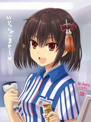 Rule 34 | 10s, 1girl, alternate costume, barcode scanner, brown eyes, brown hair, clerk, employee uniform, hair ornament, haura akitoshi, kantai collection, lawson, name tag, open mouth, scanner, sendai (kancolle), sendai kai ni (kancolle), short hair, smile, solo, sparkle, two side up, uniform