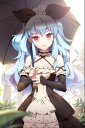 Rule 34 | 1girl, bare shoulders, blue hair, detached sleeves, dress, flower, frilled dress, frills, gilse, hair ribbon, holding, linus falco, long hair, looking at viewer, lowres, open mouth, red eyes, ribbon, rose, smile, solo, sword girls, umbrella, very long hair, wavy hair