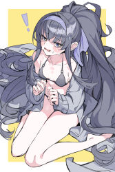 Rule 34 | !, 1girl, absurdly long hair, absurdres, bare shoulders, barefoot, bikini, black bikini, black hair, blue archive, blue eyes, blue hairband, blue ribbon, blush, border, breasts, cardigan, commentary request, covered erect nipples, grey cardigan, hair intakes, hair ribbon, hairband, highres, lanzen wu, long hair, looking at viewer, no halo, official alternate costume, official art, open cardigan, open clothes, open mouth, outside border, ponytail, ribbon, sitting, small breasts, solo, string bikini, sweatdrop, swimsuit, ui (blue archive), ui (swimsuit) (blue archive), very long hair, wariza, wavy mouth, white border