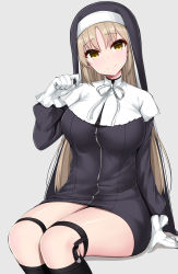 Rule 34 | 1girl, absurdres, arm at side, arm support, black dress, black socks, blush, breasts, closed mouth, commentary request, dress, gloves, grey background, habit, hand up, head tilt, highres, invisible chair, kirikan (cokekiri), knee strap, kneehighs, large breasts, legs together, long hair, long sleeves, looking at viewer, nijisanji, nun, revision, ribbon, short dress, simple background, sister claire, sister claire (1st costume), sitting, smile, socks, solo, virtual youtuber, white gloves, white ribbon