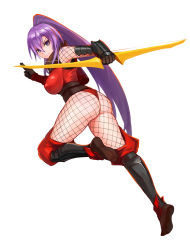 Rule 34 | 10s, 1girl, ass, bass386, boots, bow (weapon), breasts, dragon yukano, covered erect nipples, female focus, fishnets, from behind, full body, gauntlets, highres, japanese clothes, large breasts, long hair, ninja, ninja slayer, ponytail, purple eyes, purple hair, scarf, solo, very long hair, weapon, white background