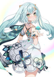 Rule 34 | 1girl, absurdres, aqua hair, blush, cape, closed mouth, clothing cutout, cowlick, detached sleeves, dress, faruzan (genshin impact), floating, floating object, from behind, genshin impact, green eyes, hair ornament, highres, jewelry, long hair, looking at viewer, looking back, neck ring, short dress, short sleeves, shoulder cutout, sidelocks, simple background, sleeveless, sleeveless dress, solo, symbol-shaped pupils, triangle-shaped pupils, twintails, vision (genshin impact), white background, white dress, x hair ornament, yuia