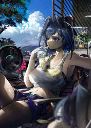 Rule 34 | 2girls, absurdres, bare arms, blue eyes, blue hair, blue shorts, blue sky, blurry, blurry foreground, breasts, cloud, cloudy sky, collarbone, commentary, crop top, cup, disposable cup, drink, drinking straw, drinking straw in mouth, electric fan, english commentary, flower, from side, hair between eyes, hair intakes, highres, holding, holding drink, hololive, hololive english, large breasts, leaning back, midriff, multiple girls, ouro kronii, plant, potted plant, shade, short hair, short shorts, shorts, sideboob, sitting, sky, sleeveless, summer, sweat, sweatdrop, tank top, thighs, tree, virtual youtuber, vyragami, white tank top