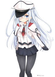 Rule 34 | 1girl, alternate costume, alternate hairstyle, black gloves, black pantyhose, blue eyes, capelet, cosplay, cross, gloves, graf zeppelin (kancolle), graf zeppelin (kancolle) (cosplay), hair between eyes, hat, hibiki (kancolle), highres, jacket, kantai collection, long hair, long sleeves, looking at viewer, miniskirt, necktie, pantyhose, peaked cap, pinoaisu, pleated skirt, silver hair, simple background, skirt, smile, solo, twintails, twitter username, uniform, white background