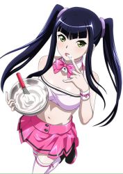 Rule 34 | 00s, 1girl, black hair, collar, cooking, cream, female focus, finger to mouth, hair ornament, holding, ikkitousen, lace, lace-trimmed legwear, lace trim, long hair, looking at viewer, navel, official art, pink skirt, pleated skirt, saji genpou (true), simple background, skirt, solo, thighhighs, tongue, tongue out, twintails, white background, white thighhighs, yellow eyes