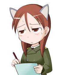 Rule 34 | 1girl, animal ears, chibi, military, military uniform, minna-dietlinde wilcke, paper, red eyes, red hair, strike witches, sweatdrop, uniform, wolf ears, world witches series, writing