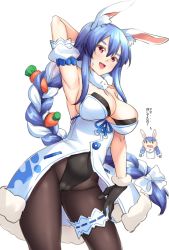 Rule 34 | 2girls, animal ear fluff, animal ears, armpits, bare shoulders, black gloves, black leotard, black pantyhose, blue hair, bow, braid, breasts, bridal garter, carrot hair ornament, commentary request, don-chan (usada pekora), food-themed hair ornament, gloves, hair bow, hair ornament, highres, hololive, large breasts, leotard, long hair, looking at viewer, mature female, multicolored hair, multiple girls, open mouth, pantyhose, pekomama, rabbit ears, rabbit girl, red eyes, shirokuma a, simple background, solo focus, translation request, transparent background, twin braids, usada pekora, usada pekora (1st costume), virtual youtuber, white background, white bow, white hair