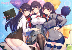 Rule 34 | 3girls, ass, black dress, black hair, black legwear, blue skirt, blush, breasts, brown ribbon, center frills, character request, closed mouth, collared shirt, commentary request, cropped jacket, dress, frills, garter straps, girl cafe gun, grey jacket, grey legwear, grey skirt, hair ribbon, hand on own hip, happy birthday, high-waist skirt, highres, jacket, large breasts, long hair, long sleeves, looking at viewer, medium breasts, multiple girls, necktie, parted lips, pillow, red eyes, red jacket, red neckwear, ribbon, ririko (zhuoyandesailaer), shi wuxia, shirt, skirt, sleeveless, sleeveless dress, smile, thighhighs, v-shaped eyebrows, very long hair, white legwear, white shirt