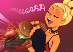 Rule 34 | 1girl, bikupan, black choker, blonde hair, burger, burger malfunction, choker, commentary, dark-skinned female, dark skin, dated, eating, english commentary, closed eyes, failure, food, holding, holding food, jewelry, mayday (no straight roads), motion blur, necklace, no straight roads, open mouth, pink background, solo, tan, teeth, tri tails, upper teeth only