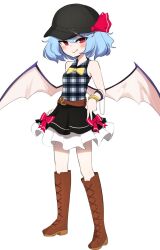 Rule 34 | 1girl, alternate costume, baseball cap, bat wings, black hat, black skirt, blue hair, boots, bow, bowtie, bracelet, brown footwear, closed mouth, commentary, commission, contemporary, cross-laced footwear, english commentary, fang, fang out, full body, hat, hat ribbon, highres, jewelry, looking at viewer, plaid, plaid shirt, red bow, red eyes, red ribbon, remilia scarlet, ribbon, shirt, short hair, sifserf, simple background, skirt, sleeveless, sleeveless shirt, smile, solo, standing, touhou, white background, wings, yellow bow, yellow bowtie