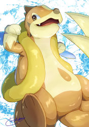 Rule 34 | absurdres, brown eyes, commentary request, creatures (company), fangs, floatzel, game freak, gen 4 pokemon, hands up, highres, looking to the side, nintendo, open mouth, pokemon, pokemon (creature), signature, smile, tanpakuroom, tongue, white background