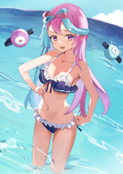 Rule 34 | 1girl, alternate costume, bikini, blurry, bow-shaped hair, breasts, cleavage, collarbone, commentary request, creatures (company), day, frilled bikini, frills, game freak, green hair, hand on own hip, highres, iono (pokemon), long hair, medium breasts, multicolored hair, navel, nintendo, nohohon neko, open mouth, outdoors, pink eyes, pink hair, pokemon, pokemon sv, smile, solo, sparkle, swimsuit, two-tone hair, wading, water, wet