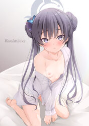 Rule 34 | 1girl, black hair, blue archive, blush, braid, braided bun, breasts, butterfly hair ornament, cleavage, double bun, hair bun, hair ornament, halo, kisaki (blue archive), long hair, looking at viewer, nipples, no bra, no panties, no pants, open clothes, open shirt, purple eyes, shirt, simple background, sitting, small breasts, solo, tomosuke, twintails, wariza, white shirt