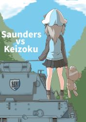 Rule 34 | 1girl, alternate costume, ankle boots, bandages, bandaid, black socks, blue headwear, blue jacket, blue skirt, blue sky, boko (girls und panzer), boots, cloud, cloudy sky, commentary request, day, emblem, english text, facing away, girls und panzer, grey footwear, holding, holding stuffed toy, jacket, keizoku (emblem), keizoku military uniform, light brown hair, long hair, long sleeves, military, military uniform, military vehicle, miniskirt, motor vehicle, outdoors, panzer iv, partial commentary, pleated skirt, raglan sleeves, shimada arisu, skirt, sky, socks, solo, standing, stuffed animal, stuffed toy, tank, teddy bear, track jacket, tulip hat, uniform, vehicle request, zannen na hito