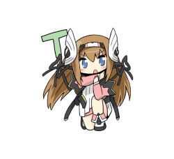 Rule 34 | 1girl, ar tonelico, ar tonelico i, aurica nestmile, black ribbon, blue eyes, boots, brown hair, chibi, cross-laced footwear, detached sleeves, eyebrows, full body, hair between eyes, hair ribbon, hairband, head tilt, long sleeves, looking at viewer, on one knee, open mouth, ribbon, serizawa enono, simple background, solo, white background