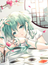 Rule 34 | 1girl, architecture, arm up, blouse, blush, branch, commentary request, day, east asian architecture, falling petals, flower, flower bracelet, green eyes, green hair, hand up, hatsune miku, highres, indoors, long hair, looking at viewer, paintbrush, parted lips, petals, plate, red flower, rhea (0u0), round window, shaohua hatsune miku, shirt, short sleeves, solo, sunlight, upper body, vocaloid, white flower, white shirt, window