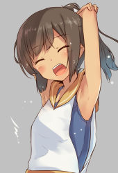 Rule 34 | 10s, 1girl, absurdres, armpits, arms up, bare shoulders, blush, brown hair, dark skin, dark-skinned female, closed eyes, grey background, high ponytail, highres, i-401 (kancolle), kantai collection, open mouth, ponytail, ruma imaginary, sailor collar, school swimsuit, simple background, smile, solo, swimsuit, swimsuit under clothes, upper body