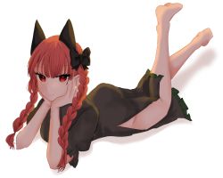 Rule 34 | 1girl, animal ears, aoringo orin, ass, bare legs, barefoot, black bow, blunt bangs, bow, braid, cat ears, dress, expressionless, full body, green dress, hair bow, hands on own cheeks, hands on own face, highres, kaenbyou rin, legs up, long hair, looking at viewer, lying, on stomach, red eyes, red hair, simple background, solo, touhou, twin braids, white background