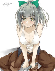 Rule 34 | 1girl, bow, brown eyes, brown jumpsuit, commentary request, gakky, green bow, grey hair, hair bow, indian style, jumpsuit, jumpsuit around waist, kantai collection, long hair, looking at viewer, official alternate costume, one-hour drawing challenge, ponytail, sitting, solo, tank top, wrench, yuubari (kancolle)