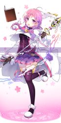 Rule 34 | 1girl, :d, ahoge, aisha landar, bad id, bad pixiv id, black gloves, black shirt, black thighhighs, book, bow, coat, elemental master (elsword), elsword, full body, gloves, gradient hair, highres, looking at viewer, magic circle, multicolored hair, open mouth, pinb, pink bow, pink hair, pleated skirt, purple eyes, purple hair, purple skirt, shirt, shoes, short hair, skirt, smile, solo, staff, standing, standing on one leg, thighhighs, twintails, twitter username, white background, white coat