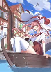 Rule 34 | 1girl, absurdres, animal, arm support, blush, boat, bow, bowtie, canal, cat, commentary, crescent, crescent hair ornament, gondola, hair ornament, hairclip, hand on headwear, hat, hat bow, high-waist skirt, highres, long hair, open mouth, orange eyes, original, outdoors, people, pink hair, red bow, red bowtie, red skirt, ringopan, shirt, short sleeves, shrug (clothing), sitting, skirt, solo, thighhighs, twintails, underbust, watercraft, white hat, white shirt, white shrug, white thighhighs, witch, witch hat