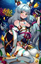 Rule 34 | 1girl, animal ears, bad id, bad pixiv id, breasts, cat ears, cat girl, fish, highres, leotard, medium breasts, nia (blade) (xenoblade), nia (xenoblade), silver hair, solo, spoilers, tattoo, thighs, twintails, underwater, water, xenoblade chronicles (series), xenoblade chronicles 2, yagi (kyuhyun), yellow eyes