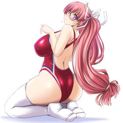 Rule 34 | 1girl, ass, blush, breasts, competition swimsuit, curvy, from behind, glasses, head tilt, kneeling, large breasts, log-mi (tonpuu), long hair, looking at viewer, looking back, one-piece swimsuit, original, pink hair, ponytail, purple eyes, red one-piece swimsuit, solo, swimsuit, thick thighs, thighhighs, thighs, tonpuu, white thighhighs, wide hips