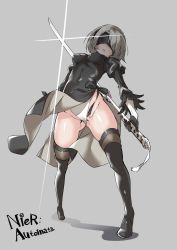 Rule 34 | 1girl, arched back, bad id, bad twitter id, black dress, black thighhighs, blindfold, breasts, copyright name, covered erect nipples, covered eyes, covered navel, dress, ebifurya, full body, glint, gluteal fold, grey background, grey hair, groin, hair over one eye, hairband, highres, holding, holding sword, holding weapon, inactive account, leotard, leotard under clothes, medium breasts, mole, mole under mouth, nier:automata, nier (series), parted lips, pelvic curtain, puffy sleeves, short hair, side slit, simple background, solo, standing, sword, thighhighs, thighs, two-sided fabric, two-sided skirt, unsheathed, weapon, white leotard, wind, wind lift, 2b (nier:automata)