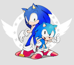 Rule 34 | 2boys, :d, bad id, bad pixiv id, chiro (pez777), dual persona, furry, furry male, gloves, green eyes, hand on own hip, looking at another, multiple boys, open mouth, sega, shoes, smile, sneakers, socks, sonic (series), sonic generations, sonic the hedgehog, sonic the hedgehog (classic), aged down