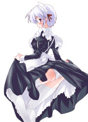 Rule 34 | 1girl, apron, ass, breasts, clothes lift, copyright request, female focus, long skirt, maid, maid apron, maid headdress, panties, short hair, simple background, skirt, skirt lift, solo, testa, thighhighs, underwear, white background, white hair, white panties, white thighhighs, wrist cuffs