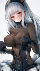 Rule 34 | 1girl, alfou (wixoss), black bodysuit, black dress, black gloves, blunt bangs, blush, bodystocking, bodysuit, bodysuit under clothes, braid, breasts, closed mouth, covered erect nipples, covered navel, dress, flower, gloves, hairband, highres, large breasts, lily (flower), long hair, looking at viewer, red eyes, see-through, simple background, single braid, skin tight, smile, snm (sunimi), solo, undressing, upper body, very long hair, white background, white hair, wixoss