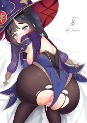 Rule 34 | 1boy, 1girl, absurdres, ass, bent over, black hair, black legwear, blush, breasts, breasts out, censored, cum, cum in pussy, elbow gloves, genshin impact, gloves, gouka, hanging breasts, hat, highres, jewelry, leotard, long hair, medium breasts, mona (genshin impact), nipples, cum overflow, sex, sex from behind, sideboob, torn clothes, torn legwear, twintails, witch hat